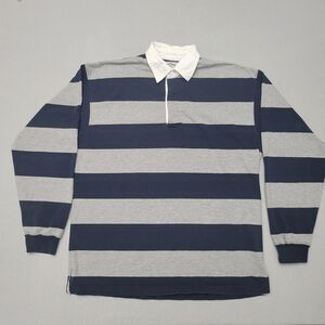 Classic Navy & Gray Striped Rugby Shirt with White Collar - Men